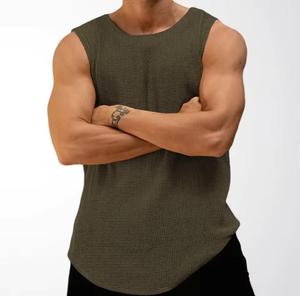 Men's Olive <b>Green</b> Striped Knitted Sleeveless <b>Tank</b> <b>Top</b> O-Neck Solid Casual Breathable Polyester Muscle Fit - Product Image 1