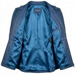 Chaqueta de Cuero Azul para Mujer, Manga Tres Cuartos, Paneles en Contraste, Estilo Peplum, Venta al Por Mayor de Fábrica - Product Image 5