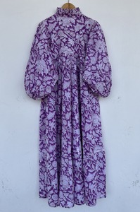 Women Purple Floral Print Woven Cotton Daily Maxi <b>Dress</b> Ruffled V-Neck Balloon Sleeve Tiered <b>A</b>-Line Boho Summer <b>Dress</b> - Product Image 5