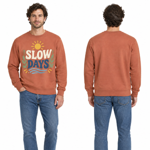 OEM Custom Rust Orange <b>Fleece</b> <b>Sweatshirt</b> Vintage Nature Sun Wave Screen Print Slow Days Slogan Casual <b>Sweatshirt</b> - Product Image 4