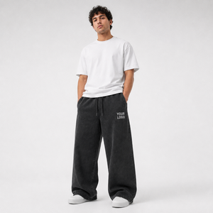 Pantalon de jogging ample pour homme, taille élastique avec cordon de serrage, en molleton de coton délavé, décontracté, avec logo personnalisé, respirant sur la jambe droite - Product Image 1