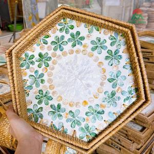 ถาดหกเหลี่ยมฝังเปลือกหอยมุก ถาดเสิร์ฟหวายลายเปลือกหอยฝังประดับ - Product Image 1