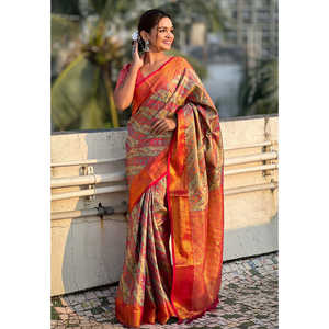 Sari en soie Dharmavaram Leheriya rose original Elite Weaves, tissé avec des fils de zari, robe de soirée élégante, 0,65 g - Product Image 1