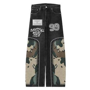 Pantalon en jean personnalisé avec strass en cristal, délavage clair, style urbain, coupe ajustée, taille haute, fermeture boutonnée - Product Image 1