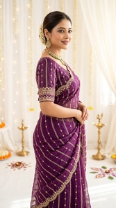 Sari de Seda Morado AARA Fashion con Bordado Dorado, Traje Tradicional Indio para Bodas, para Mujer, Largo hasta el Suelo, Corte Regular, Protección Solar - Product Image 2