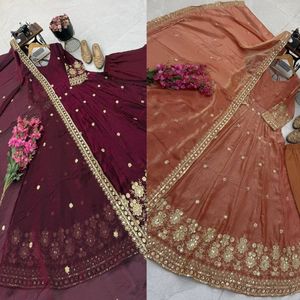 Robe Anarkali en soie rouge pour femmes, longue robe brodée avec dupatta, tenue de fête indienne/pakistanaise, séchage rapide, toutes saisons - Product Image 2