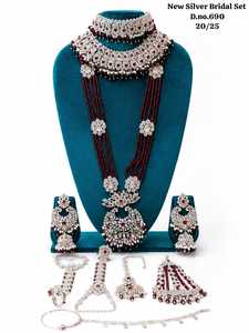 New Silver Bridal Jewelry <b>Set</b> With Green Beads And Crystal Floral Design For Wedding Women Choker Necklace Earrings Maang Tikka - Product Image 3