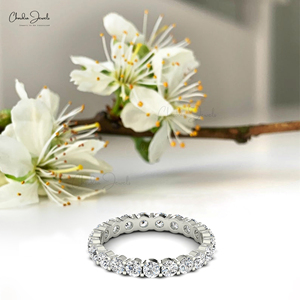 Anillo de eternidad con diamantes blancos de corte redondo de 2.5 mm en oro blanco fino de 14k, apilable, para boda, ideal para dropshipping. - Product Image 6
