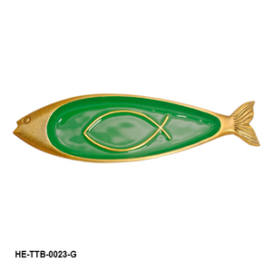 Bandeja para adornos artesanal de aluminio con forma de pez, con esmalte azul marino real, bordes de latón dorado y motivos simbólicos - Product Image 5