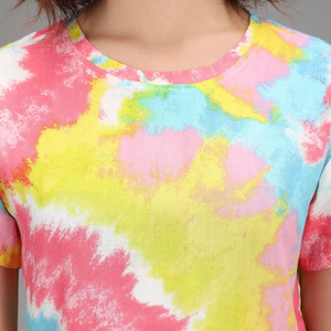 เสื้อครอปท็อปผู้หญิง ลายมัดย้อม แขนสั้น คอกลม ผ้าถัก สวมใส่สบายๆ สำหรับฤดูใบไม้ผลิและฤดูร้อน ผ้าฝ้าย 100% ระบายอากาศได้ดี แฟชั่นทันสมัย - Product Image 4