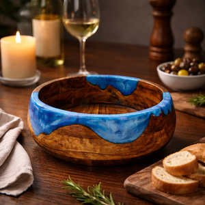 Tazón para Ensalada Redondo Decorativo Hecho a Mano de Madera de Acacia con Resina Epoxi Azul y Marrón Natural, para Servir en Fiestas, Festivales y Decoración del Hogar - Product Image 4