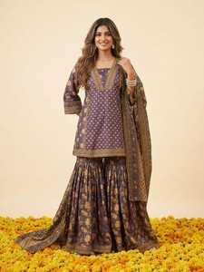 Traditional <b>Indian</b> Women's Purple Cotton Floral Print <b>Kurti</b> Sharara Set Loose Fit Floor-Length Casual All Season Ethnic Wear - Product Image 2
