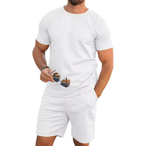 Conjunto de Camiseta y Pantalones Cortos Casuales de Verano para Hombre, de Algodón Blanco, Cuello Redondo, Tejido Sólido, Transpirable, Estilo Liso - Product Image 1