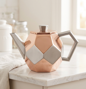 Nouvelle théière géométrique en métal personnalisable avec couvercle, bicolore or rose et argent, pour café et boissons - Product Image 1