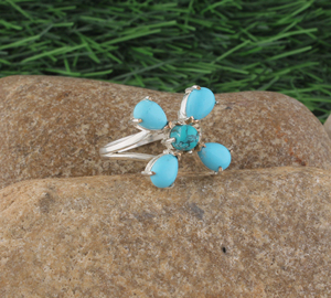 Handmade 925 Sterling Silver Classic Natural <b>Turquoise</b> Flower Cluster Bezel Setting Multi Stone Teardrop Gemstone <b>Ring</b> Women - Product Image 6