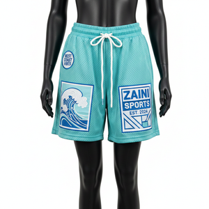 Shorts en maille polyester de haute qualité pour femmes, couleur aqua, avec grand panneau en maille et logo personnalisé par sublimation. - Product Image 1