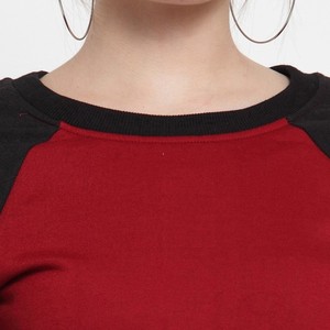 Sweat-shirt à manches raglan rouge et noir pour femme, col rond, couleur unie, tricoté, manches longues, vêtements d'automne - Product Image 5