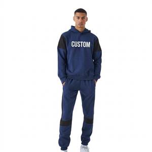 Ensemble survêtement à capuche personnalisé pour homme, bleu et noir contrastés, 100% coton, décontracté, pantalon et sweat-shirt longs, streetwear d'automne - Product Image 1