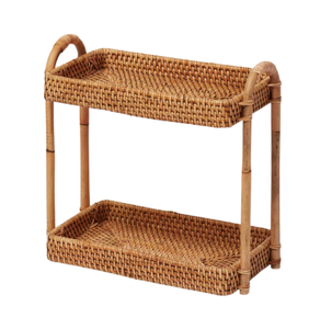 Handwoven Two Tier Rattan <b>Storage</b> Rack with Handle, Natural Wicker <b>Countertop</b> Organizer for Kitchen, <b>Bathroom</b>, Home Decor - Product Image 2