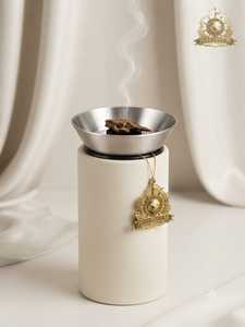 Brûleur d'encens cylindrique vert olive minimaliste avec plateau supérieur en acier inoxydable, diffuseur d'arômes moderne pour table - Product Image 3