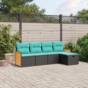 Conjunto de sofás de jardín negros con cojines azules - Product Image 1
