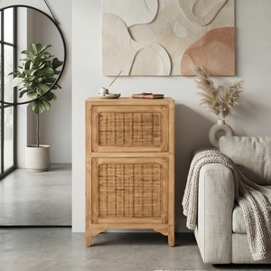 Handcrafted solid wood rattan drawer cabinet standing storage dresser woven mesh door accent organizer <b>side</b> <b>table</b> furniture item - Product Image 2
