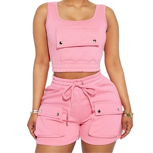Custom Logo Solid Summer French Terry Tank <b>Top</b> Sleeveless Cargo Shorts Two Piece Jogger Set for Women Quick Dry & Eco-Friendly - Product Image 2