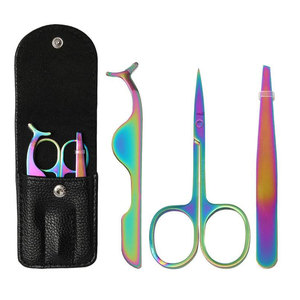 Juego de 3 Piezas para Extensión de Pestañas: Tijeras de Acero Inoxidable Arcoíris, Pinzas y Aplicador de Pestañas Postizas, con Estuche de Cuero PU Negro - Product Image 1