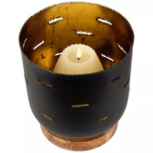 Black Iron <b>Lantern</b> with Gold Accents and <b>Wooden</b> Base for Home Decoration - Product Image 4