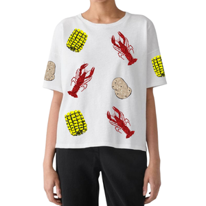 T-shirt décontracté pour femme en coton 100% avec broderie de sequins, écologique, respirant, à manches courtes et col rond, motif écrevisse, vente en gros - Product Image 3