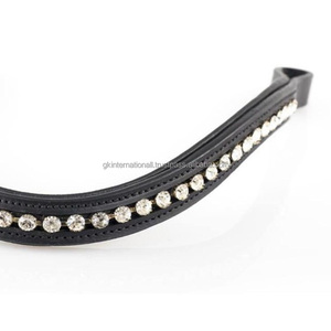 Diadema de cuero acolchada hecha a mano y duradera para caballo, con una sola fila de cristales transparentes y diamantes brillantes. - Product Image 3
