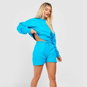 Wholesale Solid Thick Breathable <b>Long</b> Sleeve <b>Women</b> Sweatshirt <b>Shorts</b> Set Polyester/Cotton Crewneck Casual Pattern 2 Piece for - Product Image 3