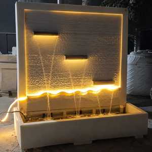 Fuente de Agua Moderna de Pared de Mármol con Tres Caños Iluminados, Panel de Piedra con Retroiluminación LED Cálida, Recipiente Rectangular para - Product Image 1