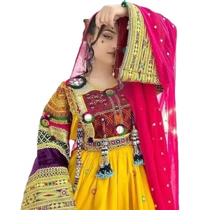 Vestido Kuchi de gasa de manga larga fluido de longitud completa con estampados culturales Cintura imperio en estilo afgano - Product Image 1