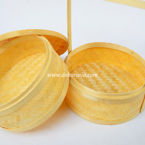 Eco-Friendly Round Woven Bamboo Double Tier <b>Storage</b> <b>Basket</b> with Handle Handmade Natural Home Decoration Food <b>Storage</b> Container - Product Image 5
