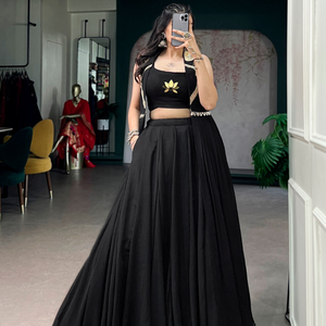 Black Embroidered Net Lotus Handwork Fully Stitched Premium Lehenga Set With Elegant Long <b>Jacket</b> By Wholesale Rate Royal Export - Product Image 3