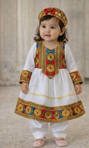 Robe ethnique traditionnelle afghane pour filles, en velours blanc brodé à la main, personnalisée, vintage, style tribal Balochi, manches longues - Product Image 1