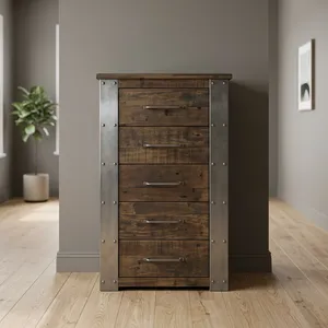 Armoire industrielle en bois à 5 tiroirs, commode rustique en bois massif avec structure en métal, unité de rangement - Product Image 6