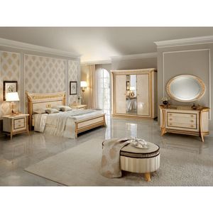 Juego de Dormitorio de Lujo en Madera de Teca Sólida, Estilo Neoclásico Italiano, Color Crema Perla, Cama King Size con Cabecera y Pie de Cama, 2 Mesitas de Noche, Estilo Villa - Product Image 1