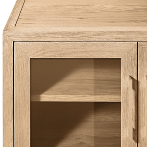 Aparador Contemporáneo de Teca Sólida con Puertas de Cristal, Estantes de Exhibición, Gestión de Cables y Detalle de Veta de Madera Natural - Product Image 3