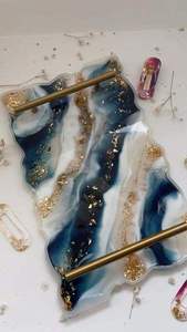 Decorative Luxury Epoxy Resin Serving <b>Tray</b> <b>with</b> Gold Handle Custom Design for Home Dining Table Kitchen and Hospitality Service - Product Image 6