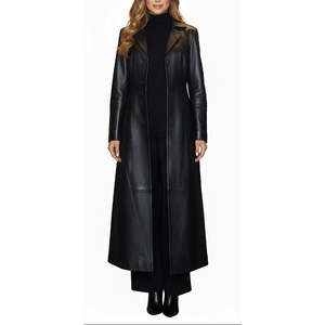 Manteau long en peau de mouton noir de luxe pour femme Leathertex, rembourrage en laine, élégant, avec détail volanté, fait main, pour l'hiver - Product Image 4