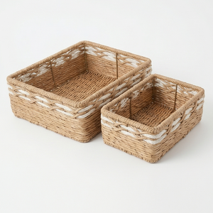 Decorative Natural Fiber Woven Bohemian Style Eco-Friendly <b>Storage</b> Baskets Set 4 Rectangular Bins 10-20L Capacity Closet <b>Shelf</b> - Product Image 3