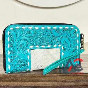 Turquoise Handcrafted Tooled Leather Wristlet Clutches Real Cowhide Floral Leather Multifunctional <b>Zip</b> Closure Evening <b>Wallet</b> - Product Image 1