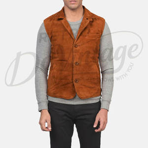 Chaleco Premium para Hombre de Cuero de Ante Color Bronceado, Acolchado, con Botones, Cuello Alto, Sin Mangas, Corte Ajustado, para Invierno - Product Image 4