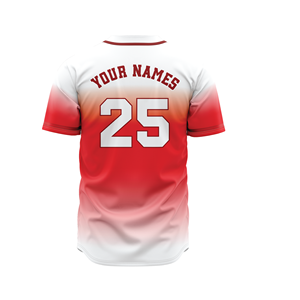 เสื้อเบสบอลทีมแบบกำหนดเอง ยูนิเซ็กซ์ สีแดงไล่ระดับขาว ติดกระดุม ผ้ายืดสแปนเด็กซ์/โพลีเอสเตอร์ พิมพ์ลายแบบซับลิเมชั่น รับผลิตแบบ OEM/ODM ชุดกีฬา - Product Image 4