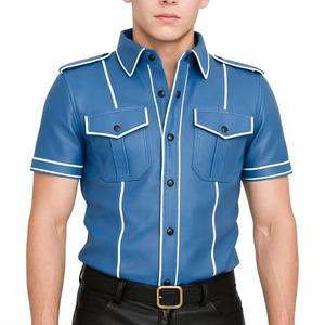 Chemise en cuir pour homme à manches courtes, de haute qualité, décontractée, personnalisable avec étiquette privée, légère, couleur unie - Product Image 3