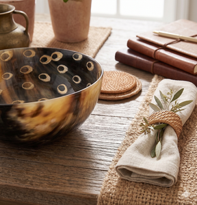 Bol décoratif vintage de luxe en corne de buffle sculptée à la main avec incrustation à pois |   Vaisselle artisanale écologique - Product Image 4