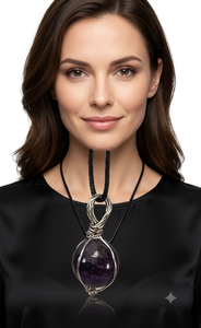 Handmade Amethyst Sphere Pendant Necklace Wire Wrapped Purple Gemstone Jewelry Silver Frame Black Cord Chain - Product Image 3