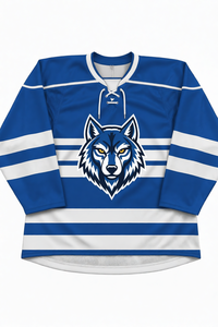 Jersey de Hockey sobre Hielo Sublimado Personalizado para Hombre, Manga Larga, Azul y Blanco a Rayas, Logotipo de Lobo, Ropa Deportiva de Poliéster que Absorbe la Humedad - Product Image 1